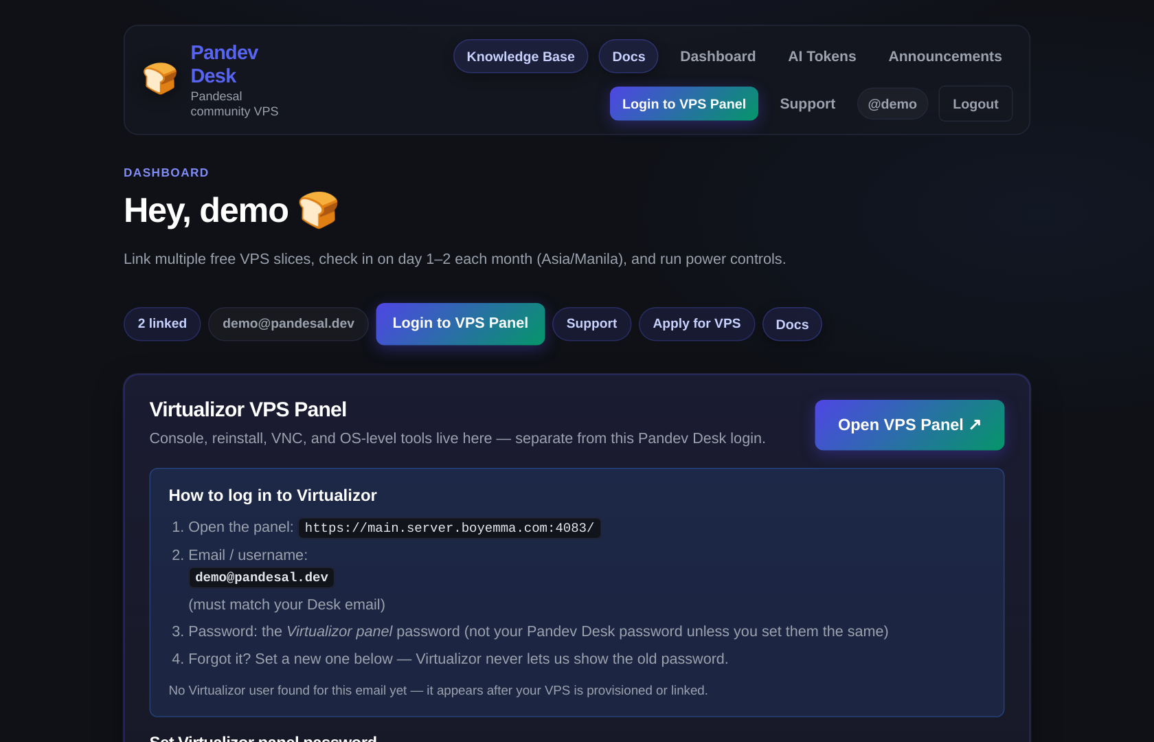 Dashboard with linked VPS